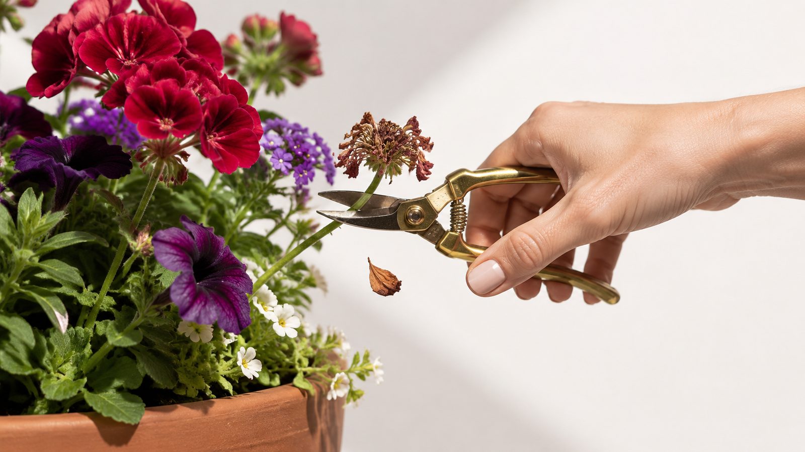 A hand using gold snips to deadhead a spent flower from a pot of red geraniums and purple petunias