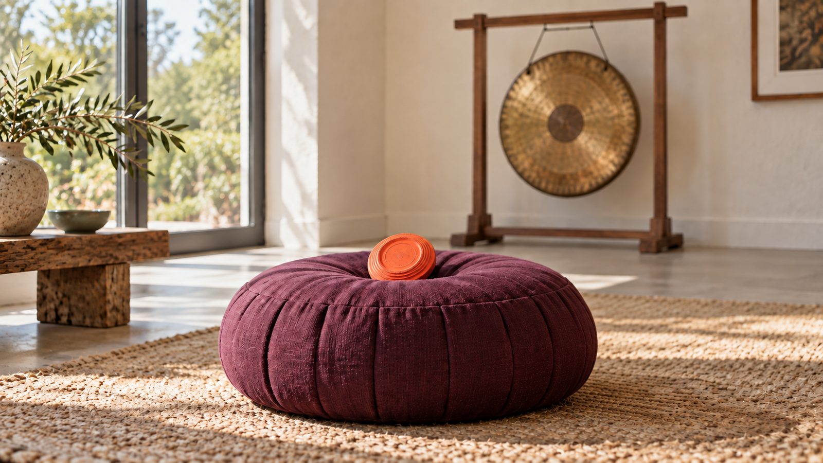 A mulberry velvet meditation cushion in front of a gong, with an orange clay pigeon resting on it