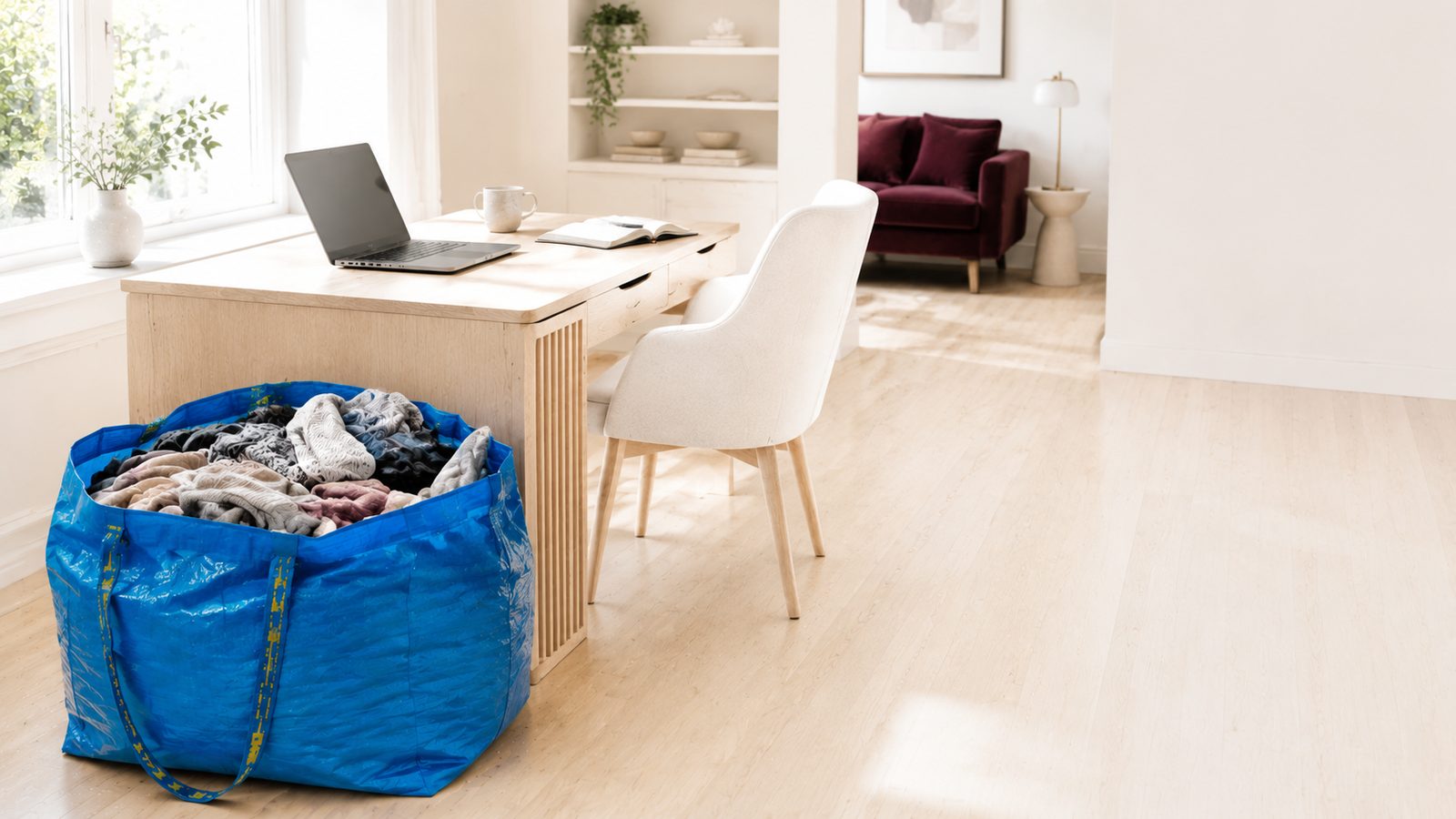 A large blue laundry bag filled with washing, sitting on the floor beside a pale wooden desk in a bright, tidy room