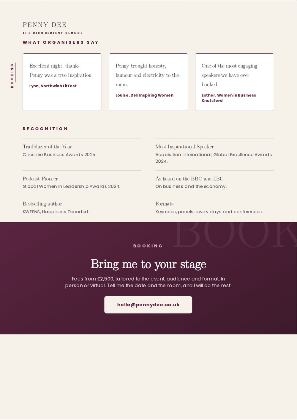 Speaker pack, page four, what organisers say and booking